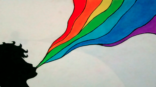 Silhouette of the head of a figure emitting the colours of the rainbow flag