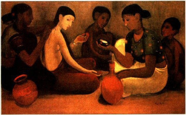 Painting of women sitting on the ground cross legged. One is rubbing the back of another. They are all looking solemn.