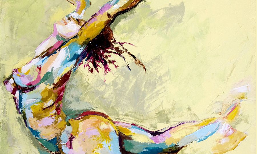 Illustration of a naked woman with paint smeared across her body throwing her arms up in the air in joy and abandon