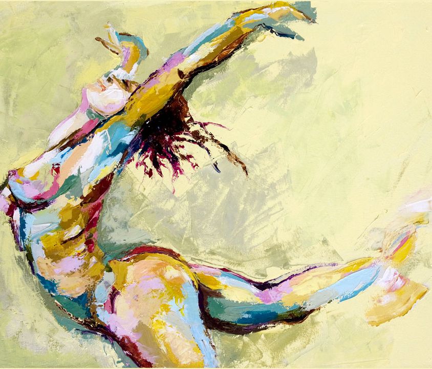 Illustration of a naked woman with paint smeared across her body throwing her arms up in the air in joy and abandon