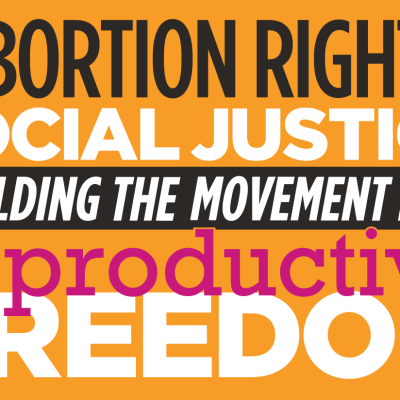 Against an orange background, the bold text reads: "Abortion Rights, Social Justice, Building the Movement for Reproductive Freedom"