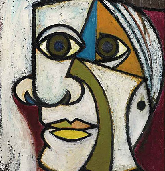 Abstract painting of a distorted face outlined with bold lines