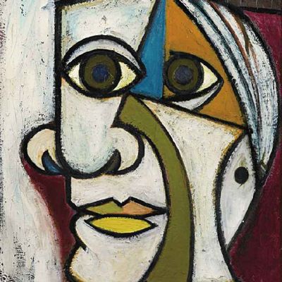 Abstract painting of a distorted face outlined with bold lines