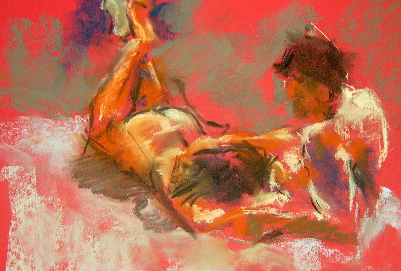 Painting of a naked woman sharing an intimate moment with a naked man as she lies down hear his lap