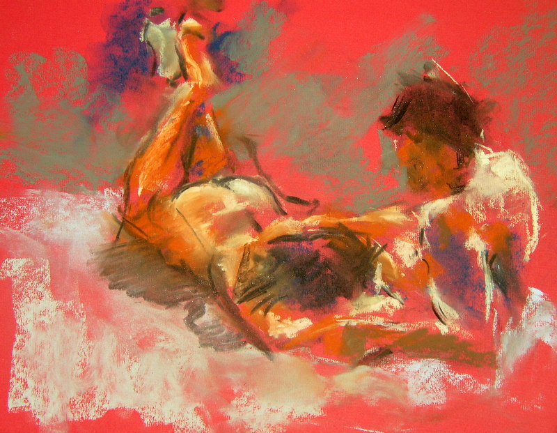 Painting of a naked woman sharing an intimate moment with a naked man as she lies down hear his lap
