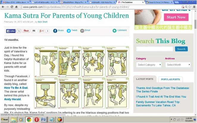 Screenshot of a computer screen, on which is opened a webpage titled, "Kama Sutra for parents of young children."