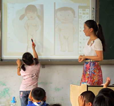 Photo of a class studying anatomy. A little girl pointing to the vagina of the person in the projected image on the board. The teacher stands on the side, looking on.