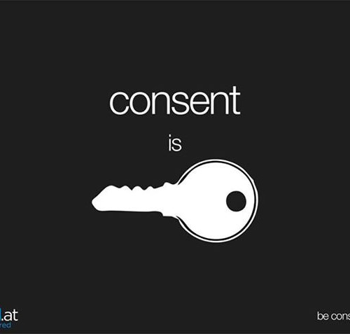 Representation of "Consent is key". The words "consent is" are written, followed by an image of a key. The words and the image is in white on a black background.