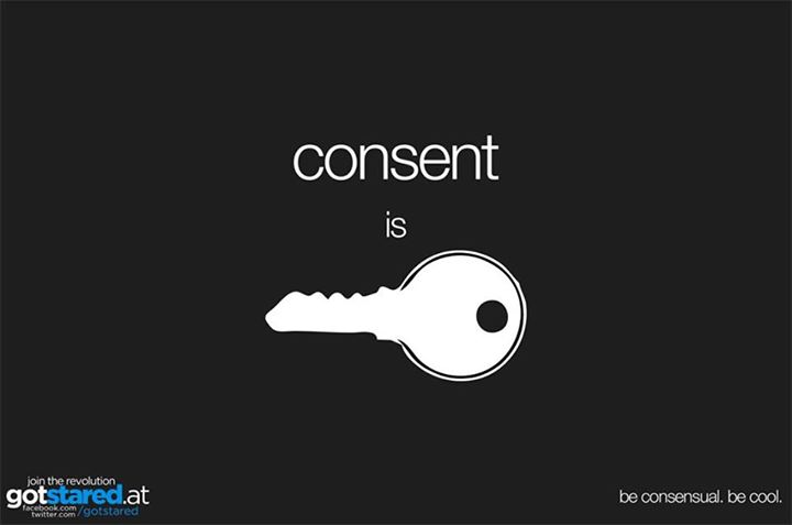 Representation of "Consent is key". The words "consent is" are written, followed by an image of a key. The words and the image is in white on a black background.