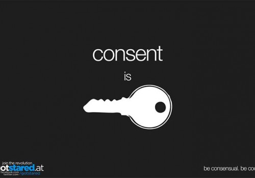 "Consent is" and then an illustrated white key on a black background. The message is "consent is key".