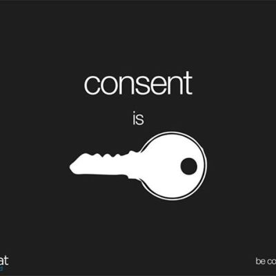 "Consent is" and then an illustrated white key on a black background. The message is "consent is key".