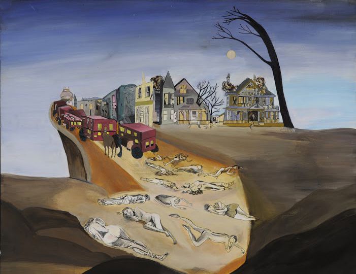 Painting of several buses or vans moving down a road, leaving behind people lying on the road.