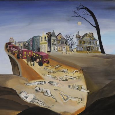 Painting of several buses or vans moving down a road, leaving behind people lying on the road.
