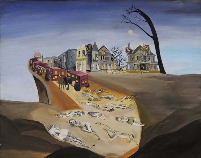 Painting of several buses or vans moving down a road, leaving behind people lying on the road.