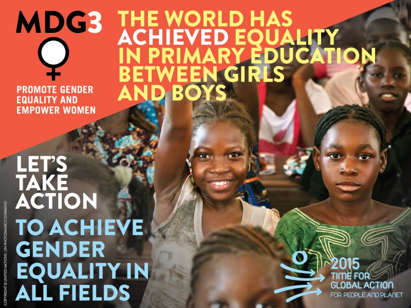 A poster reading "MDG3, the world has achieved equality in primary education between girls and boys"; "let's take action to achieve gender equality in all fields". There are several photos of black girls on the poster.