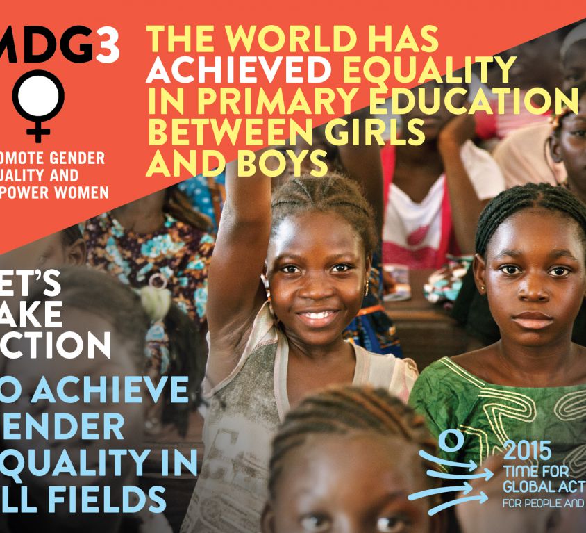 A poster reading "MDG3, the world has achieved equality in primary education between girls and boys"; "let's take action to achieve gender equality in all fields". There are several photos of black girls on the poster.