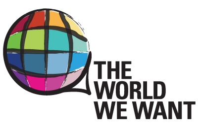 A colourful circle representing a globe. On its bottom right side is written in black and caps, "The world we want."
