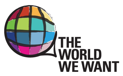 A colourful circle representing a globe. On its bottom right side is written in black and caps, "The world we want."