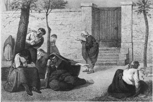 1857 painting. Eight women showing personifications of dementia, megalomania, acute mania, melancholia, idiocy, hallucination, erotomania and paralysis in a garden of a hospice facility in Paris.