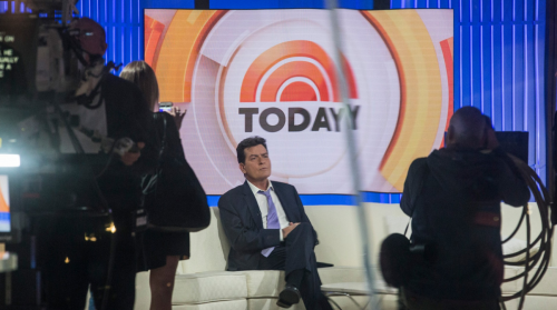 Charlie Sheen on The Today Show. Cameraperson is filming him.