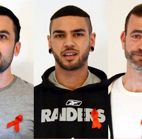 A collage of photos of three men of various ages, all three of them wearing the red ribbon for AIDS solidarity on their shirts
