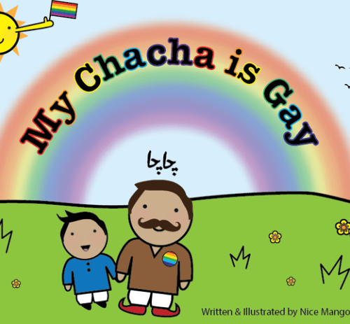 Cover of the comic "My chacha is gay". Shows the drawing of an older man with a moustache standing with his nephew