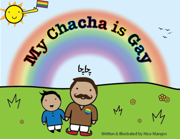 Cover of the comic "My chacha is gay". Shows the drawing of an older man with a moustache standing with his nephew