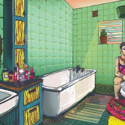 Painting of a woman sitting on a WC in a bathroom.