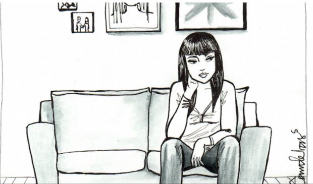 Black and white sketch of a girl sitting on a sofa. She has shoulder-length hair and is wearing a casual tunic and jeans