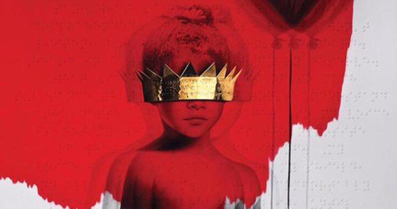 Album cover of Rihanna's album 'Anti'. A little boy wearing a gold-plated eye mask as red paint is falling over him and the wall behind.