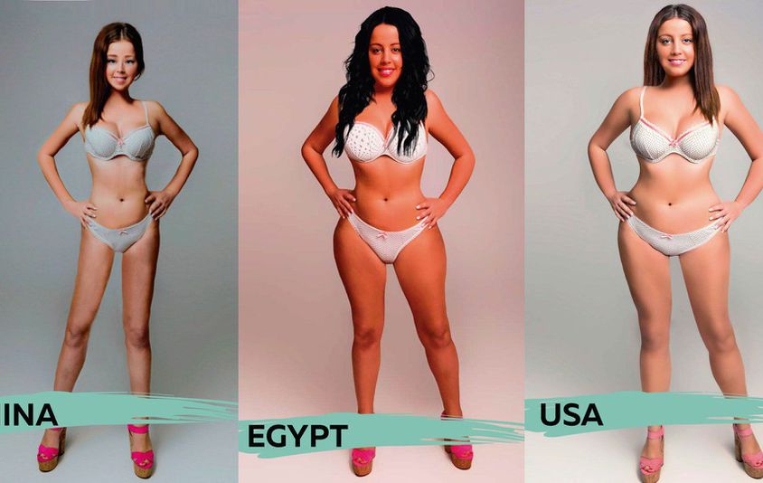 Three panles depicting three types of female bodies, with the captions, "China:, "Egypt", "USA" written below