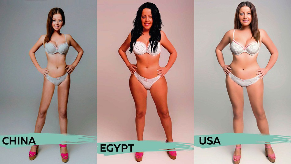 Three panles depicting three types of female bodies, with the captions, "China:, "Egypt", "USA" written below