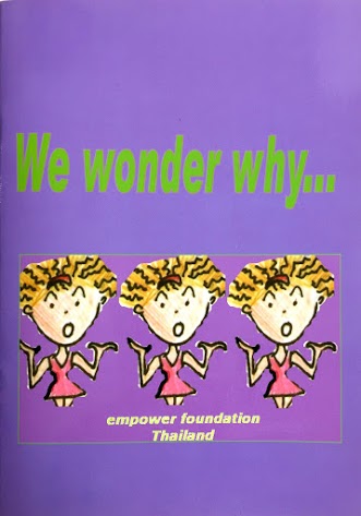 Drawing of a feminine cartoon character with curly hair, and a surprised expression. On top is written "We wonder why".