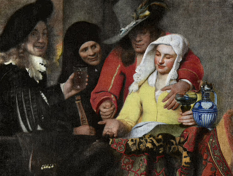 Painting of people from the Victorian era. A man standing behind a woman holds her breast as another woman standing there watches.