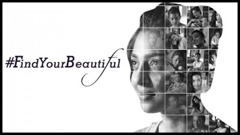Black and white photo of actress Radhika Apte, wearing her hair in a bun. Superimposed on her head are several small images of her. On one side of the picture in front of a white background is written in black, "#FindYourBeautiful"