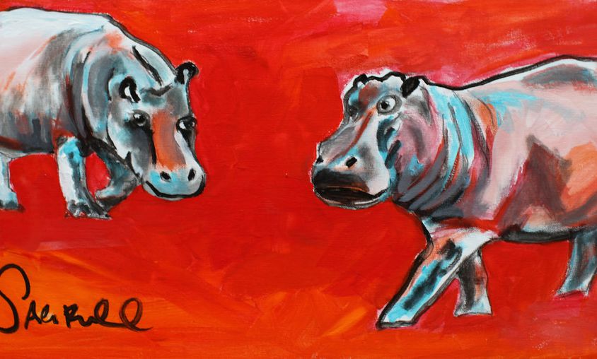 A water-colour drawing of two bull dogs on a red background approaching each other face-to-face with anger.