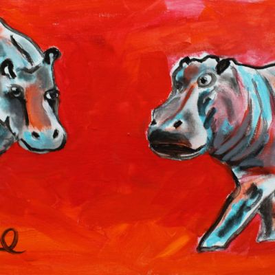 A water-colour drawing of two bull dogs on a red background approaching each other face-to-face with anger.