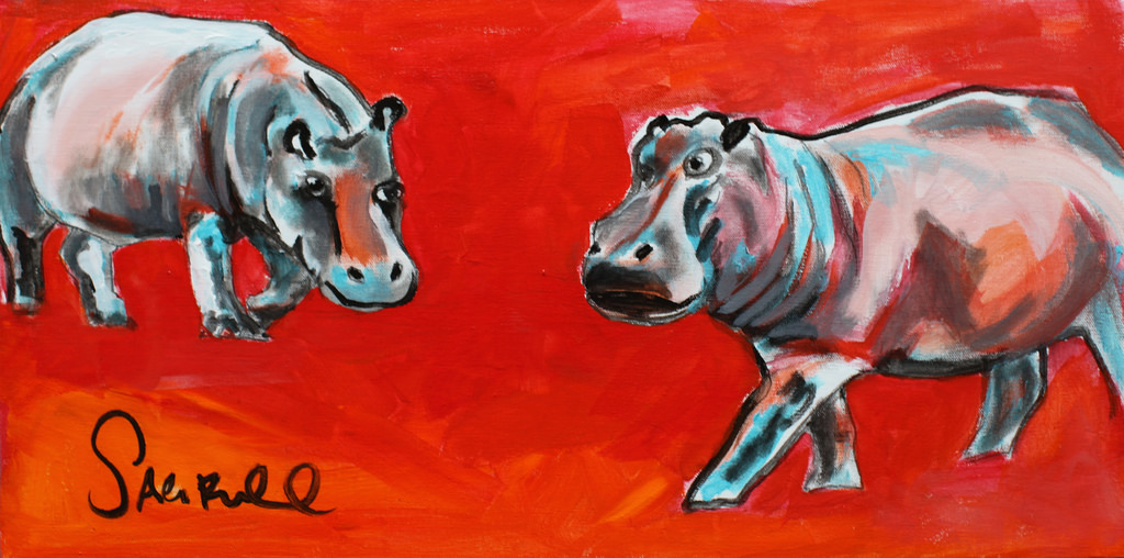 A water-colour drawing of two bull dogs on a red background approaching each other face-to-face with anger.