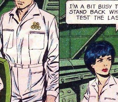 A two-panel comic. A man in white pants and tucked-in white shirt stands behind a woman who is wearing similar clothing. She looks to the side while working on some machine at the table. She says with a stern face to him, "I am a bit busy to smile. Stand back while I test the laser."