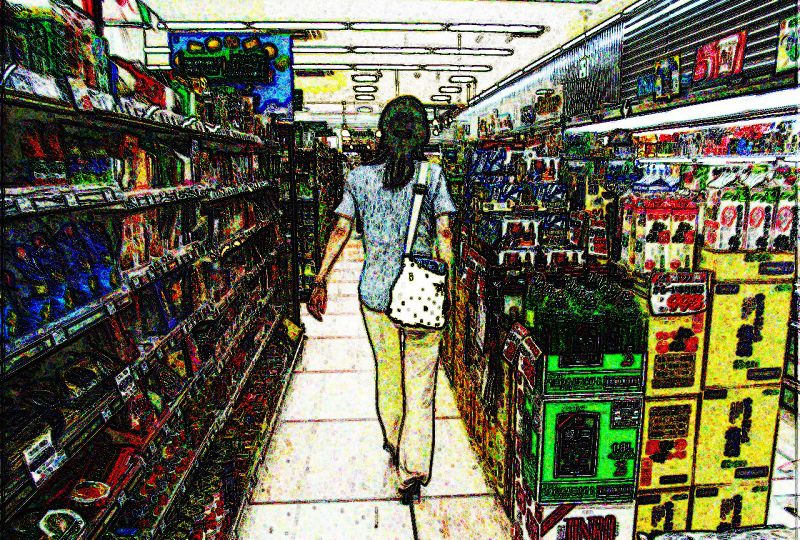 A posterised image of a woman walking down a supermarket isle with a bag slung over