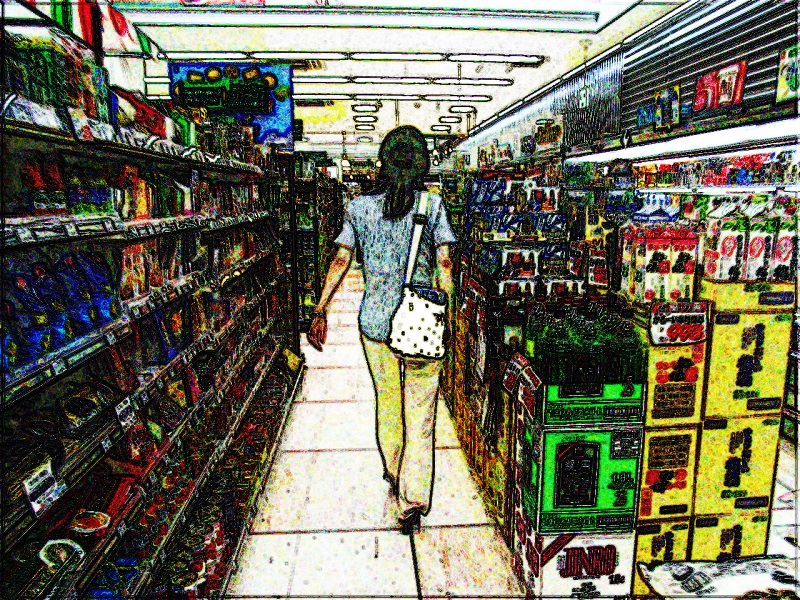 A posterised image of a woman walking down a supermarket isle with a bag slung over