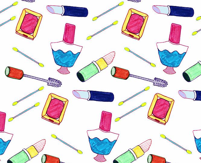 Drawing of lipsticks, nailpolish, eye lash curlers, mirror, and Q-tip scattered everywhere.