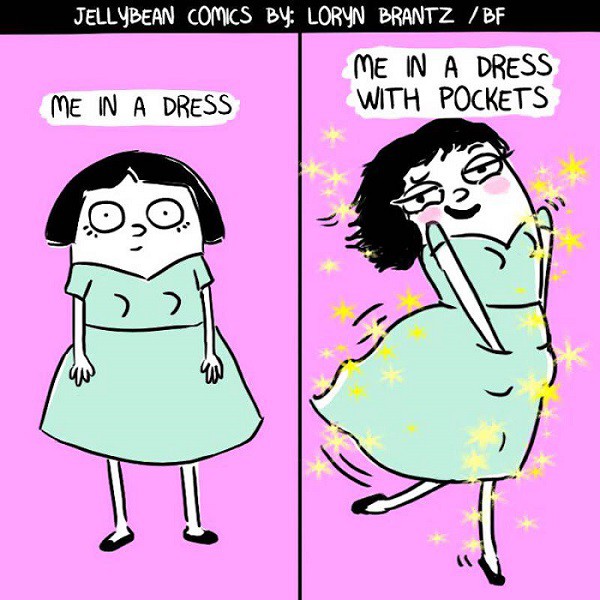 A comic strip. First panel with text "me in a dress" shows a serious girl weairng a green frock, with her hands straight by her side. The 2nd panel with text "me in a dress with pockets" shows her in the same green frock, but with hands in her dress-pocket, feeling chirpy and happy.