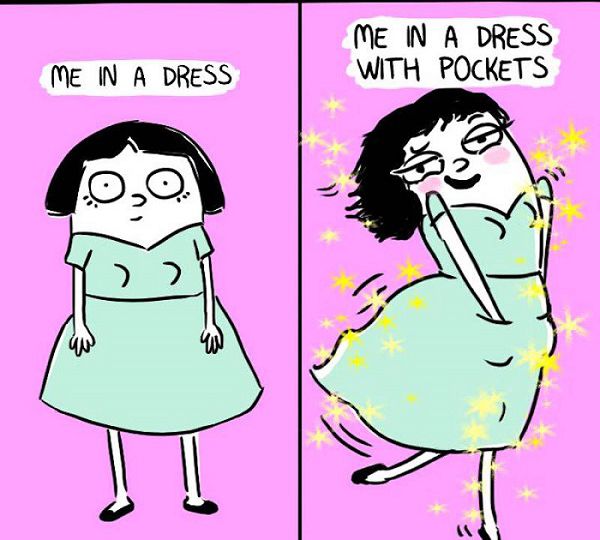 A comic strip. First panel with text "me in a dress" shows a serious girl weairng a green frock, with her hands straight by her side. The 2nd panel with text "me in a dress with pockets" shows her in the same green frock, but with hands in her dress-pocket, feeling chirpy and happy.