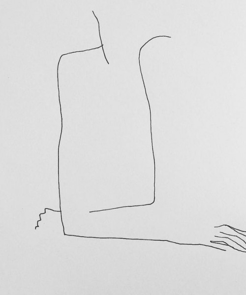 A line drawing of a woman sitting with her elbows on a table.-