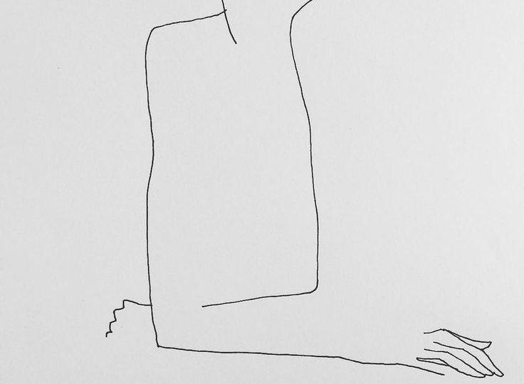 A line drawing of a woman sitting with her elbows on a table.-