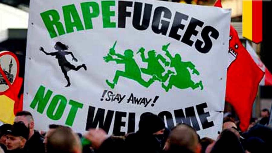 A photo of a protest with a focus on a placard that says in bold and all caps, "Rapefugess not welcome" with words "rape" and "not" in green, and the rest in black. In the middle is drawn a woman running away from a three men who are holding daggers in their hands, running towards her.