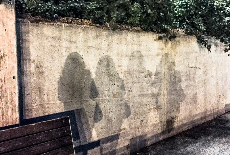 Shadow of a young woman wearing jeans, top, open hair, and carrying a handbag on a near-by wall. There are four same shadows in a line, growign fader and fader.