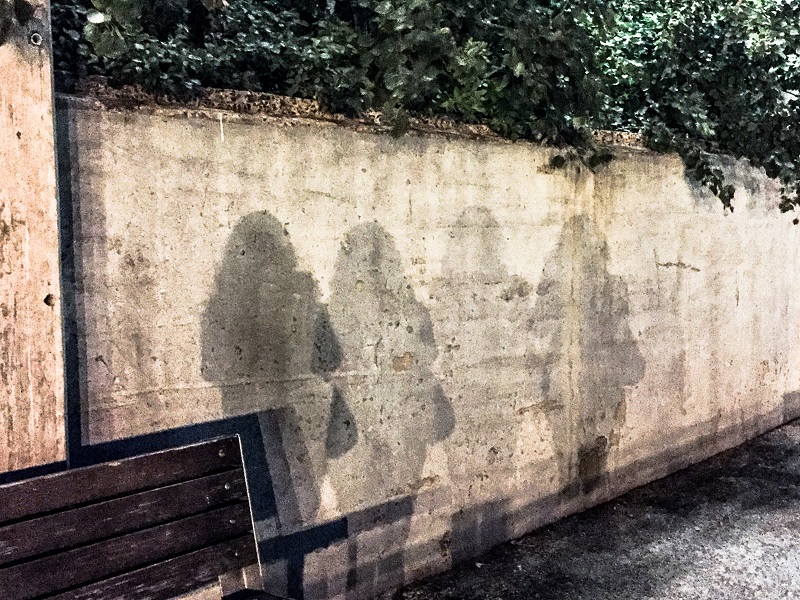 Shadow of a young woman wearing jeans, top, open hair, and carrying a handbag on a near-by wall. There are four same shadows in a line, growign fader and fader.