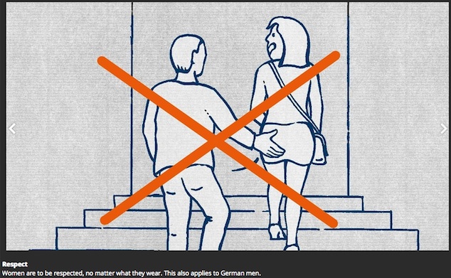 Illustration of a man touching a woman's butt as she climbs a stair a step ahead of him. Over this is drawn a big orange cross. At the bottom is written in small font, "Respect: Women need to be respected, no matter what they wear. This also applies to German men."